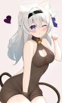  1girl :q absurdres animal_ears arm_between_legs bare_shoulders black_hairband black_sweater blue_eyes blue_pupils blush bow breasts cat_cutout cat_ears cat_girl cat_tail cleavage cleavage_cutout closed_mouth clothing_cutout collarbone cowboy_shot firefly_(honkai:_star_rail) hair_between_eyes hair_bow hair_intakes hairband heart highres honkai:_star_rail honkai_(series) kemonomimi_mode knosdeba large_breasts long_hair looking_at_viewer one_eye_closed paw_pose pink_eyes ribbed_sweater sitting sleeveless sleeveless_turtleneck smile solo sweater tail thighs tongue tongue_out turtleneck turtleneck_sweater two-tone_eyes white_bow white_hair 