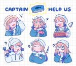  2boys 4girls ? backwards_hat baker_nemo_(fate) baseball_cap basket beanie beret blonde_hair blue_hair blue_jacket blush can captain_nemo_(fate) closed_eyes cup eating engineer_nemo_(fate) english_commentary english_text fate/grand_order fate_(series) food green_eyes hat holding holding_basket holding_cup holding_food holding_wrench hood hoodie jacket light_frown marine_nemo_(fate) multicolored_hair multiple_boys multiple_girls nemo_(fate) nurse_nemo_(fate) oneroom-disco open_clothes open_jacket open_mouth pocketknife professor_nemo_(fate) sandwich short_hair smile sun_hat two-tone_hair white_headwear white_hoodie wrench 