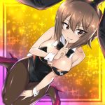  1girl animal_ears bangs blue_leotard breasts brown_eyes brown_hair bunny_day bunny_ears bunny_girl bunny_tail bunnysuit detached_collar girls_und_panzer large_breasts leotard nakahira_guy nishizumi_maho pantyhose short_hair strapless strapless_leotard tail 