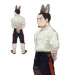  1boy animal_ears arms_behind_back black_pants breast_pocket brown_footwear brown_hair chengongzi123 closed_mouth collared_shirt cowboy_shot facial_hair facing_away full_body goatee_stubble golden_kamuy green_eyes highres kemonomimi_mode long_sleeves looking_to_the_side male_focus multiple_views pants pocket rabbit_boy rabbit_ears rabbit_tail shirt short_hair simple_background standing striped_clothes striped_shirt stubble tail tsukishima_hajime very_short_hair white_background 