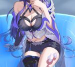  1girl acheron_(honkai:_star_rail) black_gloves black_shorts breasts cleavage coat commentary dealesis gloves halterneck head_out_of_frame highres honkai:_star_rail honkai_(series) large_breasts leg_tattoo long_hair midriff navel purple_hair short_shorts shorts single_bare_shoulder single_glove sitting solo tattoo thighs unfinished very_long_hair white_coat 