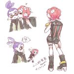  !? 1boy 1girl agent_3_(splatoon) agent_8_(splatoon) black_footwear black_skirt boots chinese_text closed_eyes film_grain from_behind hand_up heart hetero high-visibility_vest high_heel_boots high_heels inkling inkling_boy inkling_player_character kiss legs_apart long_sleeves miniskirt motion_lines octoling octoling_girl octoling_player_character pencil_skirt pointy_ears red_hair short_hair simple_background skirt splatoon_(series) splatoon_2 splatoon_2:_octo_expansion standing suction_cups tentacle_hair thenintlichen96 vest white_background yellow_eyes 