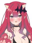  1girl absurdres animal_ears baobhan_sith_(fate) bare_shoulders bikini black_bikini blush breasts cat_ears cat_girl cat_paw cleavage fang fate/grand_order fate_(series) grey_eyes hair_ornament highres long_hair looking_at_viewer open_mouth pink_hair pointy_ears shimejirou_(000kk) sidelocks solo swimsuit white_background 
