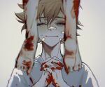  1boy bandaid bandaid_on_face bandaid_on_nose barefoot basil_(faraway)_(omori) basil_(omori) blonde_hair blood blood_on_clothes blood_on_feet blood_on_hands blood_on_leg closed_eyes closed_mouth crying hisenzs interlocked_fingers official_alternate_costume omori own_hands_clasped own_hands_together shirt short_hair smile spoilers white_shirt 