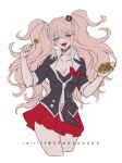  1girl bear_hair_ornament black_shirt blonde_hair blue_eyes bow breasts choker cleavage collarbone criis-chan danganronpa:_trigger_happy_havoc danganronpa_(series) enoshima_junko hair_ornament looking_at_viewer necktie open_mouth pleated_skirt red_bow red_nails red_skirt shirt simple_background skirt solo swept_bangs twintails twitter_username upper_body white_background 
