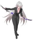  1girl acheron_(honkai:_star_rail) alternate_costume black_suit breasts business_suit cleavage commentary english_commentary formal full_body hair_over_one_eye highres holding holding_sword holding_weapon honkai:_star_rail honkai_(series) katana long_hair looking_at_viewer medium_breasts official_alternate_eye_color official_alternate_hair_color official_alternate_hair_length official_alternate_hairstyle pepepp39 red_eyes serious sheath sheathed solo suit sword very_long_hair weapon white_hair 