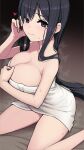  1girl alice_gear_aegis bare_arms black_eyes black_hair breasts cleavage closed_mouth eyelashes hand_in_own_hair hand_on_own_chest hand_up heart highres kagome_misaki large_breasts leaning_forward light_blush long_hair looking_at_viewer mole mole_under_eye naked_towel sitting smile solo steam straight_hair toba_kuti towel twisted_torso very_long_hair wariza wet white_towel 