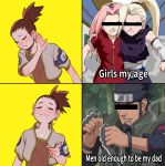  2boys 2girls age_difference bar_censor blush brown_hair censored closed_eyes drake_(rapper) drakeposting english_text forehead_protector gogglesyo haruno_sakura highres identity_censor meme multiple_boys multiple_girls nara_shikamaru naruto naruto_(series) sarutobi_asuma screencap short_ponytail smile spiked_hair yamanaka_ino yaoi yellow_background 