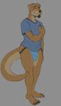 anthro blue_clothing blue_underwear bulge chase_hunter clothed clothing echo_(game) echo_(series) echo_project hi_res horrorbuns jockstrap male mammal mustelid otter pantsless solo underwear