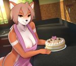  absurd_res amber_eyes anthro apron areola breasts cake canid canine clothing cooking cookware delki female food fox frying_pan fur hair hi_res kitchen kitchen_utensils mammal nika(delki) nipples orange_body orange_fur short_hair smile solo sunset tools 