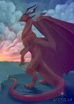 amphlar claws cloud dawn_(disambiguation) dragon feral hi_res horn landscape mythological_creature mythological_scalie mythology rock scalie solo sunset tail wings