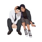  1boy 1girl black_eyes black_footwear black_hair black_nails black_necktie black_pants bright_pupils brown_shirt chengongzi123 closed_mouth collared_shirt dark-skinned_female dark_skin earrings facial_hair full_body genderswap genderswap_(mtf) goatee_stubble golden_kamuy grey_pants hand_on_another&#039;s_head highres invisible_chair jewelry koito_otonoshin leaning_on_person looking_at_viewer necktie pants shirt shoes short_hair simple_background sitting sneakers stubble tsukishima_hajime very_short_hair white_background white_shirt 
