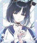  1girl animal_ears black_choker black_eyes black_hair blue_archive blue_sailor_collar bright_pupils cat&#039;s_cradle cat_ears choker collarbone halo haori heart highres index_fingers_together inset_border japanese_clothes kikyou_(blue_archive) own_hands_together portrait ribbon_choker sailor_collar school_uniform serafuku short_hair solo zzinbbang 