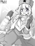  1girl absurdres alcohol blue_eyes blush bottle braid character_name cowboy_shot dress french_braid fur_hat girls&#039;_frontline gloves hammer_and_sickle hands_up hat highres holding holding_bottle long_hair looking_at_viewer minami_shin_(zenshuu_bougyo) monochrome open_mouth ppsh-41_(girls&#039;_frontline) smile solo spot_color star_(symbol) vodka 