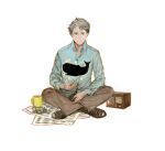  1boy ashtray blue_shirt brown_pants cigarette collared_shirt cup full_body grey_hair indian_style long_sleeves looking_at_viewer male_focus mug original pants paper radio shirt shoes short_hair simple_background sitting solo star_(symbol) toi8 whale white_background 