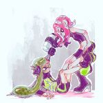  2girls agent_3_(splatoon) agent_8_(splatoon) bike_shorts blue_pupils boots film_grain green_hair headgear high-visibility_vest high_heel_boots high_heels highres inkling inkling_girl inkling_player_character long_hair looking_at_another lying miniskirt multiple_girls octoling octoling_girl octoling_player_character octoshot_(splatoon) on_back orange_eyes outline pink_eyes pink_hair shoes single_vertical_stripe skirt splatoon_(series) splatoon_2 splatoon_2:_octo_expansion suction_cups tentacle_hair thenintlichen96 vest white_outline 