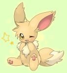 2008 big_ears blush chest_tuft crotch_tuft digital_media_(artwork) eevee feral fluffy_ears generation_1_pokemon green_background inner_ear_fluff kemono looking_at_viewer neck_tuft nintendo one_eye_closed open_mouth open_smile pawpads paws pokemon pokemon_(species) pupils shaded simple_background sitting smile solo star_polygon suppainu three-quarter_view tuft wink yellow_eyes