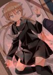  1girl 1other absurdres bed black_serafuku black_shirt black_skirt black_thighhighs blonde_hair crescent crescent_pin feet_out_of_frame grey_eyes haida_katsuretsu highres kantai_collection long_hair long_sleeves looking_at_viewer low_twintails neckerchief pillow pleated_skirt sailor_collar sailor_shirt satsuki_(kancolle) school_uniform serafuku shirt skirt solo_focus thighhighs twintails white_neckerchief 