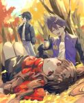  1girl 2boys autumn autumn_leaves black_hair brown_hair bubble_tea closed_eyes danganronpa_(series) danganronpa_v3:_killing_harmony drink facial_hair falling_leaves goatee harukawa_maki hat highres holding holding_drink jacket knees_up leaf long_hair looking_at_viewer looking_up lying mole mole_under_eye momota_kaito multiple_boys nemari_(nemaru_0907) on_back on_ground open_clothes open_jacket open_mouth outdoors purple_hair red_eyes red_scarf saihara_shuichi scarf short_hair sitting skirt spiked_hair standing tree twintails yellow_eyes 