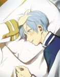  1boy 1girl blue_eyes blue_hair blue_jacket blush chamwa commentary english_commentary frieren hand_on_another&#039;s_head himmel_(sousou_no_frieren) jacket mole mole_under_eye on_bed parted_lips pillow short_hair smile sousou_no_frieren sweatdrop under_covers 
