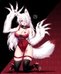  1girl ? black_collar black_legwear blush breasts claws cleavage collar hair_over_one_eye high_heels kneeling konshin large_breasts leotard long_arms long_hair looking_at_viewer navel neve_(pixiv_fantasia_last_saga) open_mouth pixiv_fantasia pixiv_fantasia_last_saga red_eyes solo spoken_question_mark strapless strapless_leotard tail tattoo thighhighs white_hair wolf_tail 