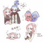  1boy 1girl agent_3_(splatoon) agent_8_(splatoon) animal_ears arrow_(symbol) black_cape black_eyes blue_eyes blue_hair breasts cape cat_ears cat_tail chinese_commentary chinese_text closed_mouth film_grain headgear high-visibility_vest inkling inkling_boy inkling_player_character looking_at_another medium_breasts medium_hair motion_lines octoling octoling_girl octoling_player_character octopus parted_lips ponytail red_hair simple_background single_bare_shoulder single_sleeve smile splatoon_(series) splatoon_2 splatoon_2:_octo_expansion squid suction_cups tail tentacle_hair thenintlichen96 translation_request white_background 