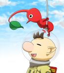  1boy backpack bag big_nose black_eyes blue_sky brown_hair closed_eyes cloud colored_skin commentary_request creature_on_head day helmet holding leaf leaning_forward male_focus naru_(wish_field) no_mouth olimar open_mouth outdoors patch pikmin_(creature) pikmin_(series) pointy_ears pointy_nose radio_antenna red_bag red_pikmin red_skin short_hair sky smile space_helmet spacesuit teeth upper_body upper_teeth_only very_short_hair 