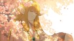  1girl blonde_hair chamwa cherry_blossoms closed_mouth commentary day earclip elf english_commentary falling_petals flower green_brooch highres long_hair looking_at_viewer low-tied_long_hair outdoors petals pink_flower pointy_ears robe serie_(sousou_no_frieren) simple_background solo sousou_no_frieren tree upper_body white_background white_robe yellow_eyes 