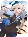  1girl :d bag bird black_dress black_pantyhose blonde_hair blue_eyes blurry blurry_background casual day dove dress dutch_angle fate/grand_order fate_(series) feathers fuwa_negi handbag highres long_hair long_sleeves marie_antoinette_(fate) outdoors pantyhose puffy_long_sleeves puffy_sleeves ribbon smile solo standing twintails white_ribbon 