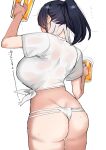  1girl absurdres alcohol ass beer beer_mug black_hair breasts butt_crack cup from_behind grey_hair hair_behind_ear highres holding holding_cup indie_virtual_youtuber large_breasts mug multicolored_hair panties ponytail shirasu_(mashiro_(rikuya)) shirasu_uni shirt solo sweat tied_shirt two-tone_hair underwear virtual_youtuber white_background white_panties white_shirt 