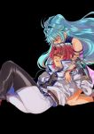  1boy 1girl alfimi axel_almer black_background blue_hair closed_eyes highres hug long_hair looking_at_viewer looking_down matsuda_(nekonyaoupchan) purple_eyes red_hair super_robot_wars super_robot_wars_original_generation 