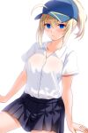  1girl ahoge alternate_costume artoria_pendragon_(fate) baseball_cap black_skirt blonde_hair blue_eyes blue_headwear blush collared_shirt commentary_request engo_(aquawatery) fate/grand_order fate_(series) hat invisible_chair long_hair looking_at_viewer mysterious_heroine_x_(fate) pleated_skirt ponytail shirt short_sleeves sidelocks simple_background sitting skirt solo white_background white_shirt 