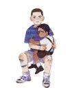  2boys aged_down ankle_socks bandaid bandaid_on_knee bandaid_on_leg black_eyes black_hair blue_shirt bright_pupils brown_footwear brown_hair brown_shorts bruise chengongzi123 child closed_mouth dark-skinned_male dark_skin gauze_on_knee golden_kamuy green_eyes grey_shorts hands_up highres injury invisible_chair koito_otonoshin looking_at_viewer looking_back male_focus multiple_boys shirt shoes short_hair short_sleeves shorts simple_background sitting sitting_on_lap sitting_on_person sneakers socks striped_clothes striped_shirt suspender_shorts suspenders t-shirt tsukishima_hajime very_short_hair white_background white_footwear white_socks 