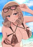  1girl absurdres adjusting_eyewear animal_print beach bent_over blush breasts cleavage closed_mouth curly_hair day eyewear_on_head green_eyes haruka_(senran_kagura) highres large_breasts lemonrou leopard_print looking_at_viewer medium_hair o-ring o-ring_swimsuit ocean senran_kagura senran_kagura_new_link skindentation slingshot_swimsuit smile sun sunglasses sunlight swimsuit 