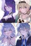  1boy 3girls acheron_(honkai:_star_rail) blue_choker blue_hair bow breasts choker closed_mouth dress earrings firefly_(honkai:_star_rail) green_eyes grey_hair halo head_wings highres honkai:_star_rail honkai_(series) jewelry large_breasts leonie28 long_hair looking_at_viewer medium_hair multiple_girls pink_bow pink_eyes purple_dress purple_eyes purple_hair robin_(honkai:_star_rail) smile sunday_(honkai:_star_rail) upper_body white_hair wings 