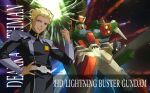  1boy blonde_hair dark-skinned_male dark_skin dearka_elsman energy_beam energy_gun firing gun gundam gundam_seed gundam_seed_freedom holding holding_weapon lightning_buster_gundam long_sleeves lukaaa mecha military military_uniform mobile_suit purple_eyes robot science_fiction short_hair uniform v-fin weapon zaft_uniform 