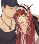  1boy 1girl baseball_cap black_hair black_jacket black_tank_top blunt_bangs closed_eyes closed_mouth collar collarbone commentary couple detached_collar dress facial_hair frilled_collar frilled_hairband frills hair_ribbon hairband hand_on_another&#039;s_shoulder hat head_on_another&#039;s_shoulder highres iori_junpei jacket jacket_on_shoulders jewelry kurorium lips long_hair necklace persona persona_3 persona_3_reload red_hair ribbon short_hair sidelocks sleeping symbol-only_commentary tank_top very_short_hair white_background white_dress white_hairband white_ribbon yoshino_chidori 