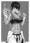  1girl abs absurdres bandaged_hand bandages bare_shoulders black_hair black_sports_bra border breasts cleavage collarbone detailed_knuckles dougi exercise fingernails grey_background greyscale heavy_breathing highres large_breasts monochrome muscular muscular_female original pixie_cut short_hair signature solo speedl00ver sports_bra steaming_body sweat tomboy toned veins veiny_arms white_border 