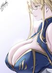  1girl absurdres artoria_pendragon_(fate) artoria_pendragon_(lancer)_(fate) bare_shoulders blonde_hair blue_leotard breasts cleavage cleavage_cutout clothing_cutout fate/grand_order fate_(series) gold_trim green_eyes highres huge_breasts leotard long_hair profile shiiki_(love-saber) sidelocks smile solo 