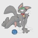 1:1 absurd_res all_fours anthro ball_of_yarn balls bedroom_eyes bell bell_collar chest_tuft collar collar_only domestic_cat erection fangs felid feline felis foreskin fur genitals green_sclera grey_body grey_fur grin half-closed_eyes hi_res humanoid_genitalia humanoid_penis male mammal narrowed_eyes nude penis raised_tail seductive simple_background smile solo tail teeth tuft white_background xing1 yarn