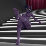 1:1 3d_(artwork) anthro bamb00 breasts digital_media_(artwork) equid equine feet female foot_fetish foot_focus friendship_is_magic fur genitals hair hasbro hi_res horn horse looking_at_viewer mammal my_little_pony mythological_creature mythological_equine mythology nipples nude pony purple_body purple_eyes purple_skin pussy soles solo stairs toes twilight_sparkle_(mlp) unicorn