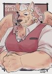 anthro brown_body brown_fur bust_portrait canid canine canis clothing dress_shirt fur hi_res igarashi_ta lifewonders male mammal marchosias_(tas) muscular muscular_anthro portrait scar shirt solo tokyo_afterschool_summoners topwear tusks vest wolf