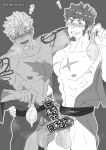  2boys abs bara bare_pectorals beowulf_(fate) blush censored censored_by_text cowboy_shot drunk facial_hair fate/grand_order fate_(series) goatee greyscale kakenari large_pectorals long_sideburns looking_at_viewer male_focus monochrome multiple_boys muscular muscular_male napoleon_bonaparte_(fate) navel nipples off_shoulder pectorals penis penises_touching short_hair sideburns smile standing stomach thick_eyebrows yaoi 