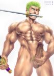  1boy abs artist_name bara biceps completely_nude ear_piercing earrings erection feet_out_of_frame green_eyes green_hair hand_on_own_penis highres holding holding_sword holding_weapon jewelry katana large_penis logo male_focus manly mature_male muscular muscular_male navel nipples nude one_piece penis piercing roronoa_zoro scar scar_on_chest scar_on_face signature simple_background smirk solo soynutts spiked_hair sword teeth testicles thick_arms thick_thighs thighs twitter_username veins veiny_penis weapon white_background 