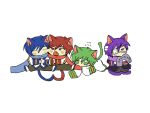  4boys akaito animal_ears bandaged_head bandages black_coat blue_hair blue_scarf blush_stickers brothers brown_pants cat_boy cat_ears cat_tail cheek-to-cheek chibi closed_eyes coat commentary_request eyepatch fang flying_sweatdrops full_body fuyuno_(ramentaro23) green_eyes green_hair heads_together highres holding holding_clothes holding_scarf kaito_(vocaloid) kemonomimi_mode kneeling lineup looking_at_another lying male_focus multicolored_coat multiple_boys nigaito on_stomach open_mouth own_hands_together pants purple_eyes purple_hair purple_scarf red_coat red_eyes red_hair red_scarf scarf shoes short_hair siblings simple_background sitting skin_fang tail taito_(vocaloid) translation_request very_long_sleeves vocaloid white_background white_coat white_footwear 