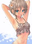  1girl anastasia_(idolmaster) armpits arms_behind_head arms_up bangs bare_arms bikini blue_eyes breasts cleavage collarbone earrings flower frill_trim grey_hair hair_between_eyes hair_flower hair_ornament hair_tie hair_tie_in_mouth highres idolmaster idolmaster_cinderella_girls jewelry light_blush looking_at_viewer mouth_hold navel rum_raisin_(chihiromakita19) short_hair sideboob simple_background sleeveless small_breasts solo striped striped_bikini swimsuit tankini upper_body water wet white_background white_flower 