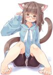  1girl animal_ear_fluff animal_ears barefoot bike_shorts black_shorts blue_hoodie blush breasts brown_eyes brown_hair cat_ears cat_girl cat_tail clothes_writing commentary_request drawstring full_body glasses grey_shorts hair_ornament hairclip hand_up highres hood hood_down hoodie knees_together_feet_apart knees_up long_hair long_sleeves manabe_mana one_side_up original parted_lips puffy_long_sleeves puffy_sleeves red-framed_eyewear semi-rimless_eyewear shorts shorts_under_shorts simple_background sitting sleeves_past_wrists small_breasts soles solo tail under-rim_eyewear upshorts wavy_mouth white_background 