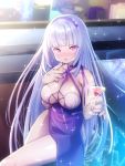  1girl azur_lane bangs bare_arms blunt_bangs blush breasts cup dido_(anxious_bisque_doll)_(azur_lane) dido_(azur_lane) drinking_glass eyebrows_visible_through_hair hairband holding large_breasts lavender_hair long_hair looking_at_viewer nanaken_nana nose_blush open_mouth purple_eyes purple_hairband side_slit sidelocks solo sparkle very_long_hair wine_glass 