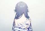  1girl absurdres alternate_blood_color back bandaged_chest bandaged_torso blood blood_on_back blue_blood blue_hair chinese_clothes clothes_pull from_behind fu_hua fu_hua_(azure_empyrea) fu_hua_(taixuan_impression) grey_hair hair_down hand_on_own_arm hanfu highres honkai_(series) honkai_impact_3rd injury long_hair saya_atang scar scar_on_back simple_background solo unworn_clothes upper_body white_background white_hanfu 
