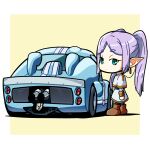  1girl absurdres black_pantyhose boots border brown_footwear car chibi duz earrings expressionless ford ford_gt40 frieren green_eyes hair_behind_ear highres jacket jewelry looking_at_viewer motor_vehicle outside_border pantyhose parted_bangs pointy_ears purple_hair race_vehicle racecar shadow skirt solo sousou_no_frieren twintails vehicle_focus white_border white_jacket white_skirt world_sportscar_championship yellow_background 